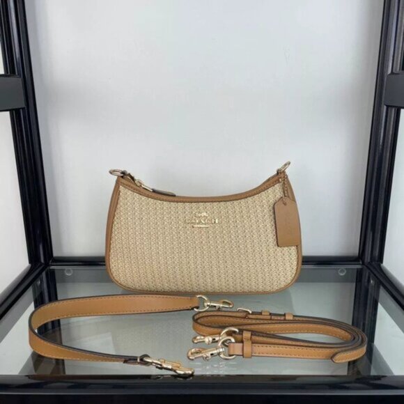 🥭COACH Teri 2way Shoulder Bag Crossbody Straw/Leather Latte CR350